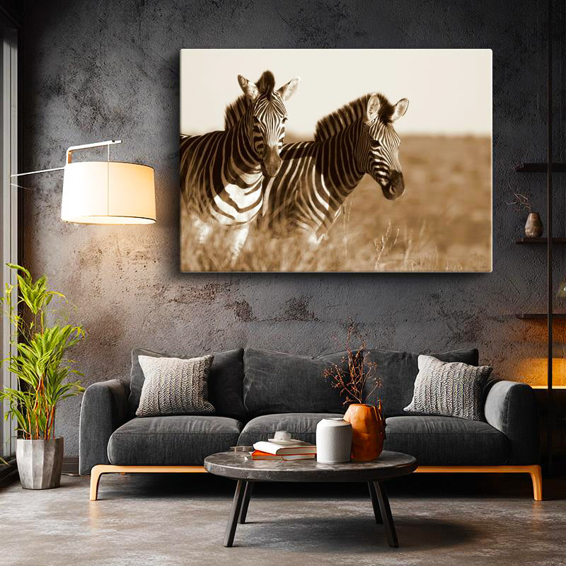 Yatay Kanvas Tablo Kuru Otlar Arasında İki Zebra Zebra Tablosu Ev Ofis Duvar Dekoru