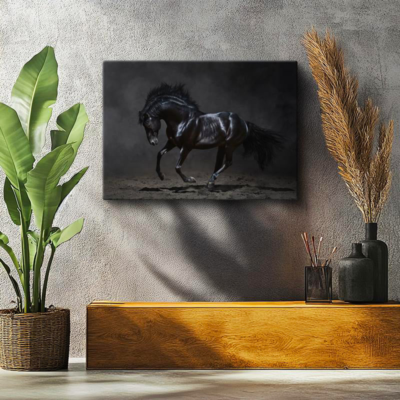 Yatay Kanvas Tablo Kaslı Siyah Aygır At Tablosu Ev Ofis Duvar Dekoru