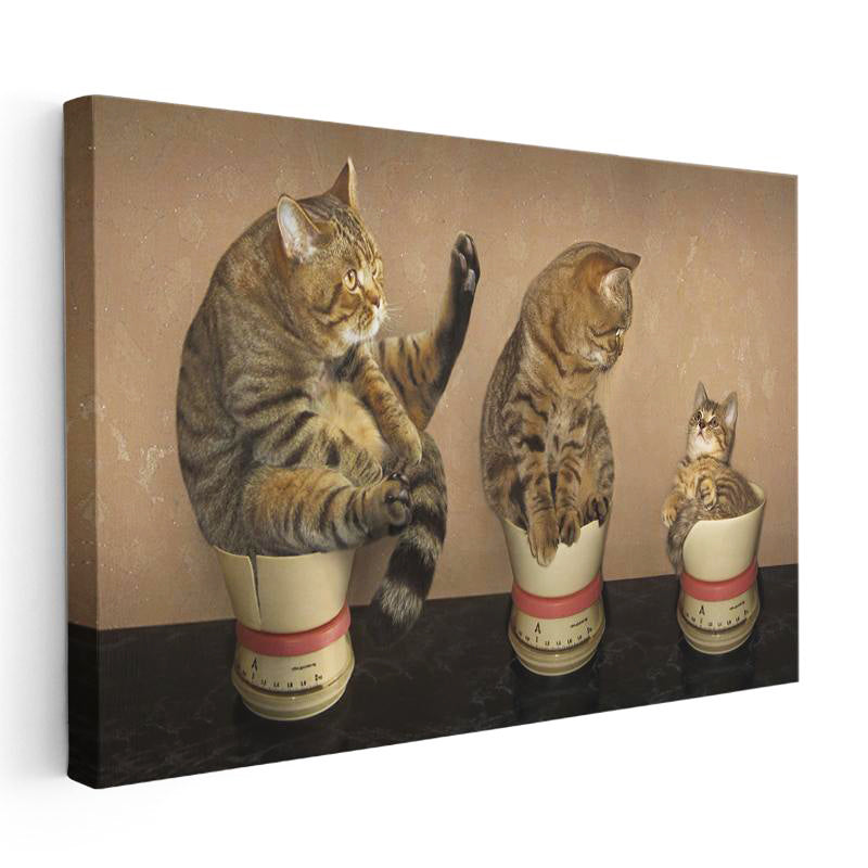 Yatay Kanvas Tablo Terazi Üzerinde Üç Kedi Kedi Tablosu Ev Ofis Duvar Dekoru