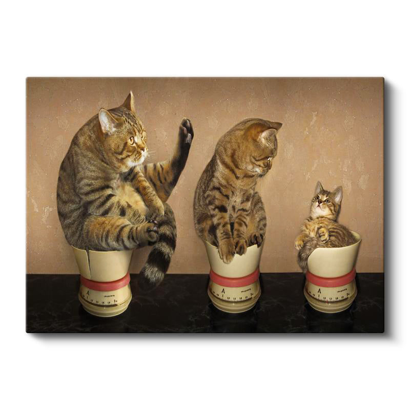 Yatay Kanvas Tablo Terazi Üzerinde Üç Kedi Kedi Tablosu Ev Ofis Duvar Dekoru