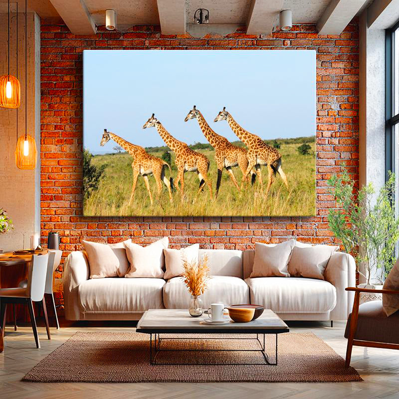 Yatay Kanvas Tablo Yeşil Çayırdaki Sıralı Zürafalar Zürafa Tablosu Ev Ofis Duvar Dekoru