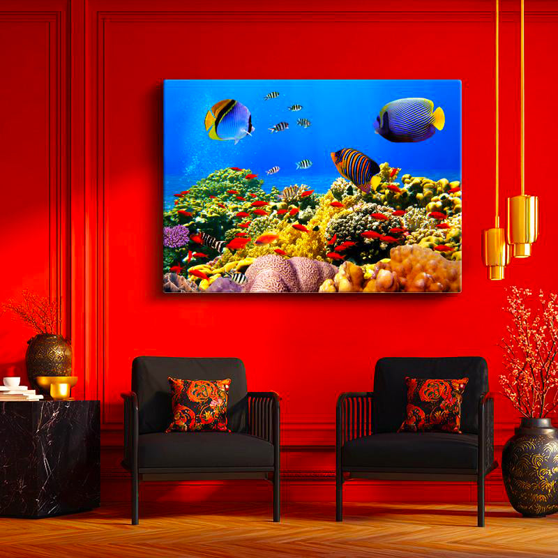 Yatay Kanvas Tablo Sualtı Mercan Resifi Ve Egzotik Balık Tablosu Ev Ofis Duvar Dekoru