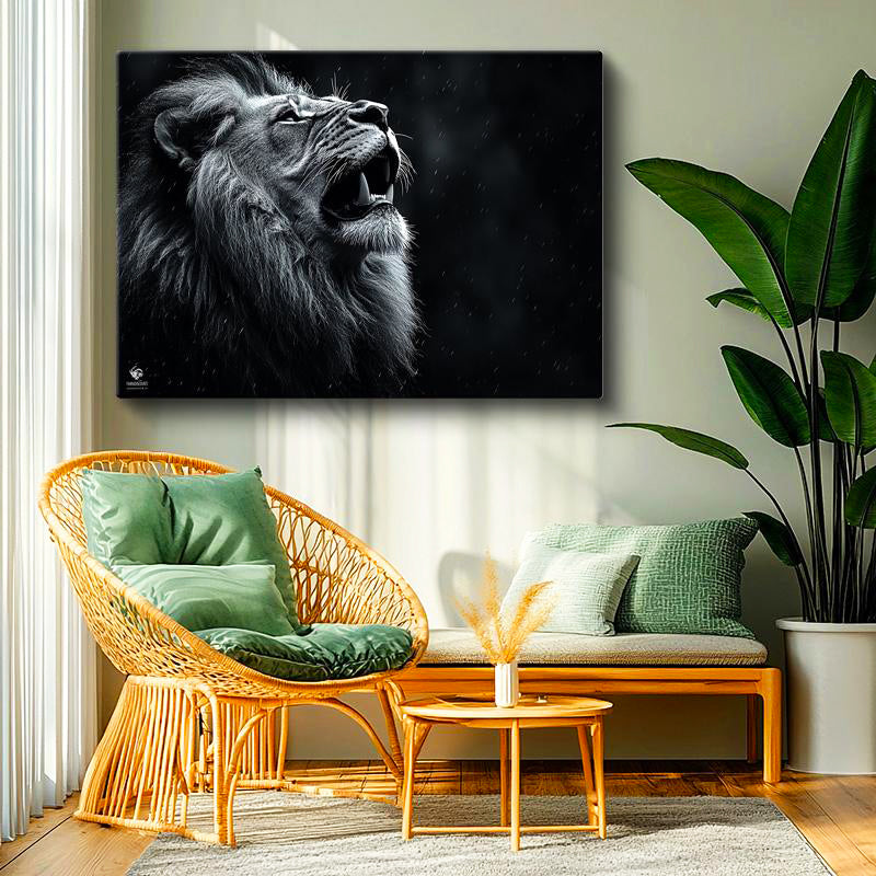 Yatay Kanvas Tablo Yağmur Efektli Kükreyen Aslan Tablosu Ev Ofis Duvar Dekoru