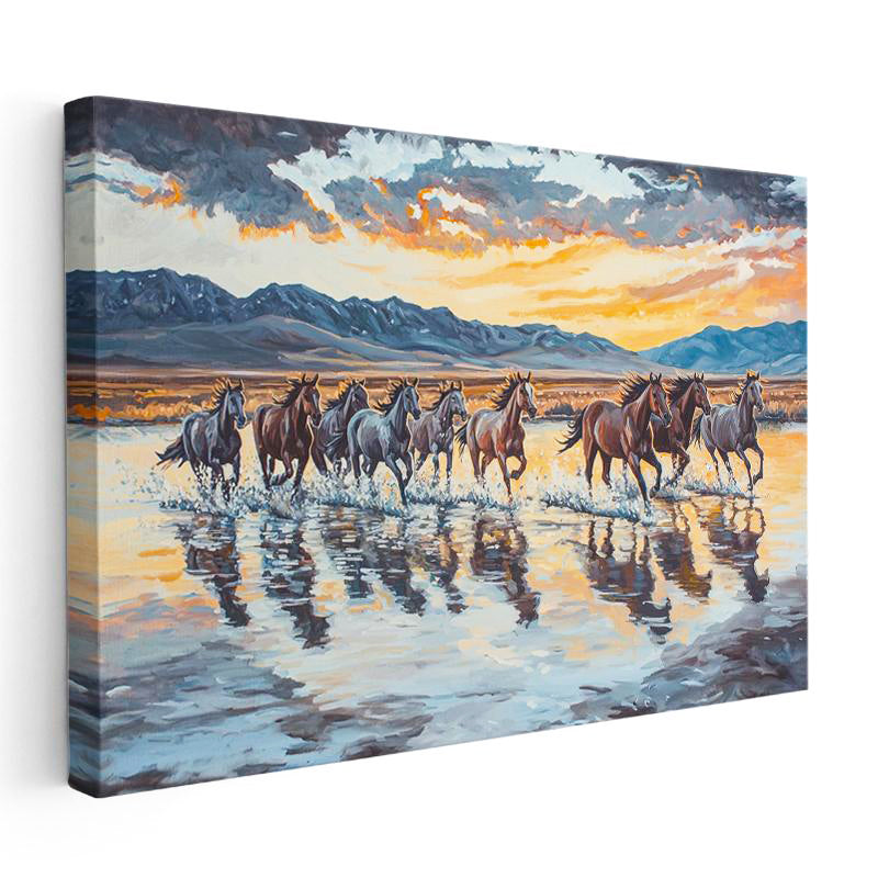 Yatay Kanvas Tablo Yağlı Boya Görünümlü At Sürüsü At Tablosu Ev Ofis Duvar Dekoru