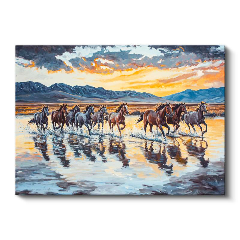 Yatay Kanvas Tablo Yağlı Boya Görünümlü At Sürüsü At Tablosu Ev Ofis Duvar Dekoru