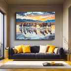 Yatay Kanvas Tablo Yağlı Boya Görünümlü At Sürüsü At Tablosu Ev Ofis Duvar Dekoru