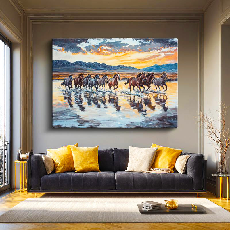 Yatay Kanvas Tablo Yağlı Boya Görünümlü At Sürüsü At Tablosu Ev Ofis Duvar Dekoru