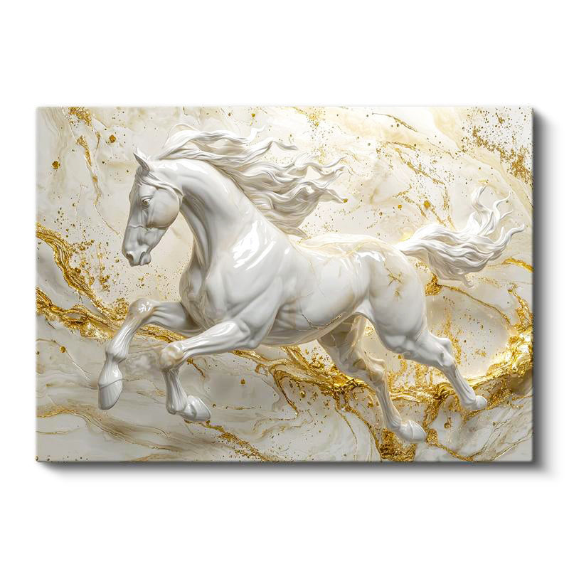 Yatay Kanvas Tablo Altın Detaylı Mermer Görünümlü At Tablosu Ev Ofis Duvar Dekoru