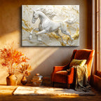 Yatay Kanvas Tablo Altın Detaylı Mermer Görünümlü At Tablosu Ev Ofis Duvar Dekoru