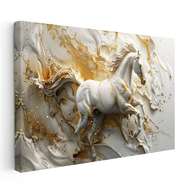 Yatay Kanvas Tablo Sıvı Altın Görünümlü At Tablosu Ev Ofis Duvar Dekoru