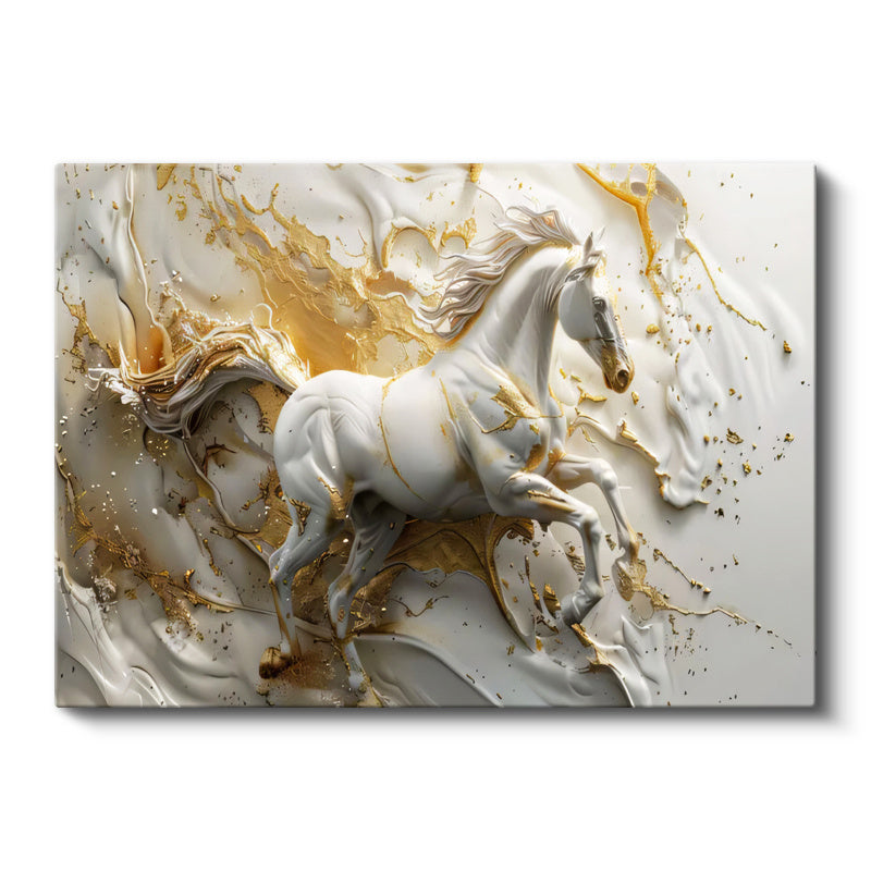 Yatay Kanvas Tablo Sıvı Altın Görünümlü At Tablosu Ev Ofis Duvar Dekoru