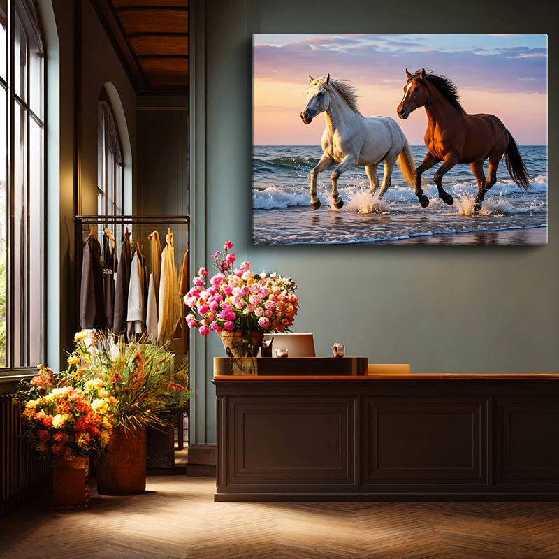 Yatay Kanvas Tablo Deniz Kıyısı At Tablosu Ev Ofis Duvar Dekoru