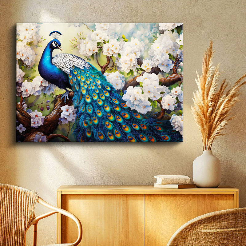 Yatay Kanvas Tablo Çiçekli Dal Tavus Kuşu Tablosu Ev Ofis Duvar Dekoru