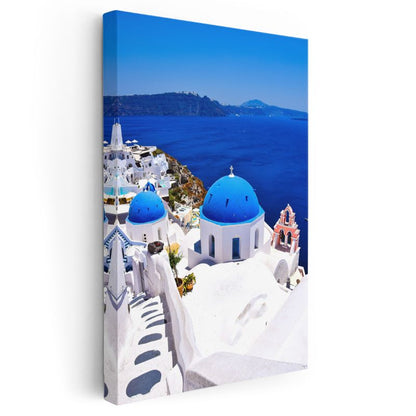 Santorini - Mavi Kubbeli Beyaz Evler Kanvas Tablo