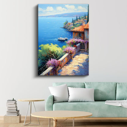 Akdeniz Kıyısı - Çiçekli Balkon Manzarası Kanvas Tablo