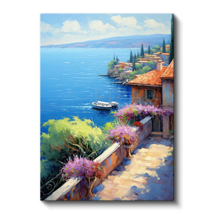 Akdeniz Kıyısı - Çiçekli Balkon Manzarası Kanvas Tablo