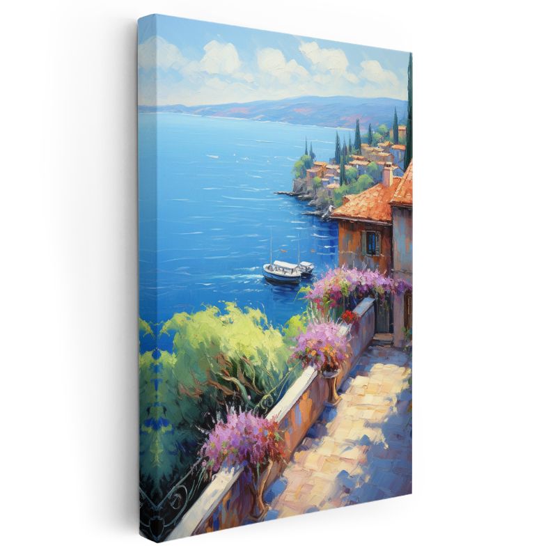 Akdeniz Kıyısı - Çiçekli Balkon Manzarası Kanvas Tablo