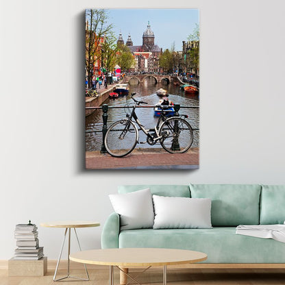 Amsterdam Kanalları - Bisiklet ve Köprüler Kanvas Tablo