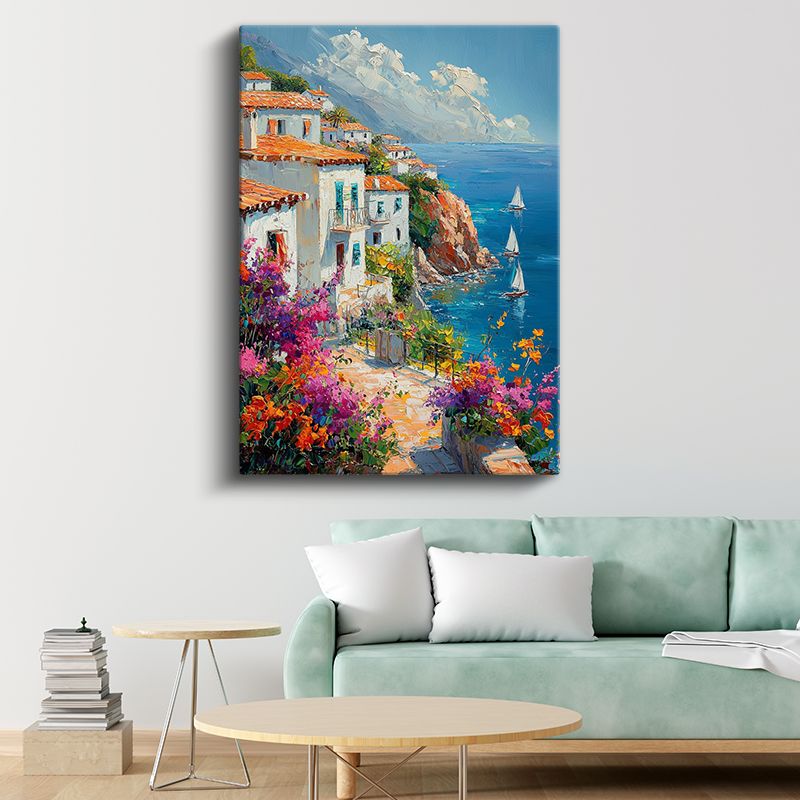Akdeniz Evleri - Renkli Çiçekler Kanvas Tablo