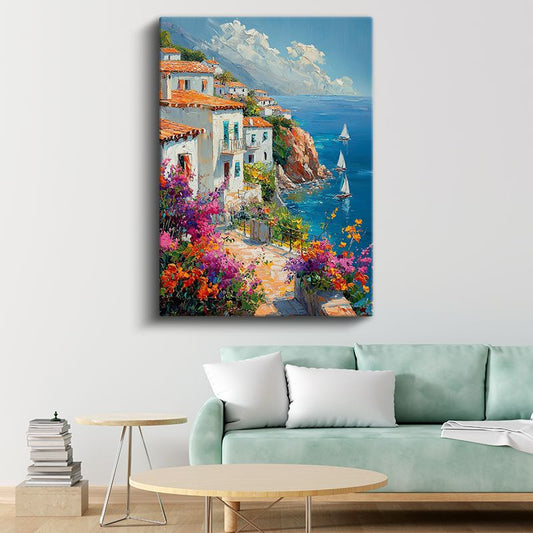 Akdeniz Evleri - Renkli Çiçekler Kanvas Tablo