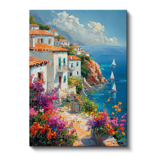 Akdeniz Evleri - Renkli Çiçekler Kanvas Tablo