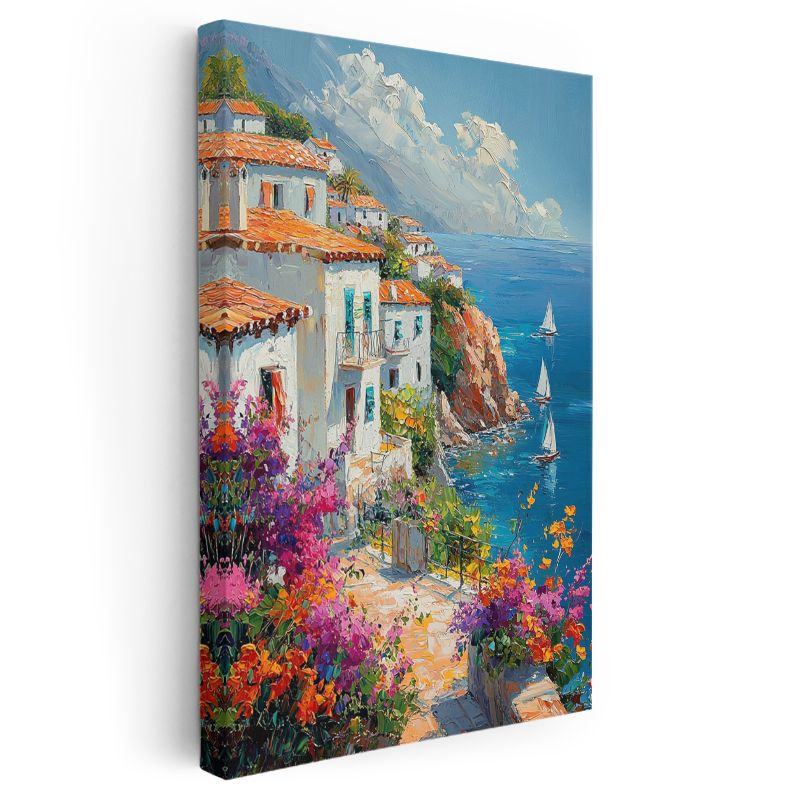 Akdeniz Evleri - Renkli Çiçekler Kanvas Tablo