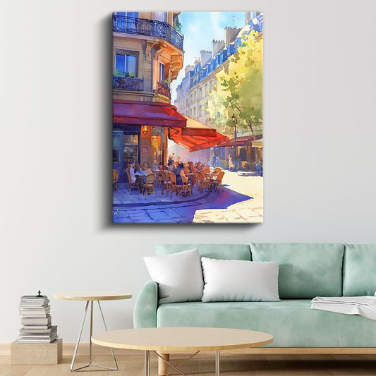 Paris Kafesi - Kırmızı Tenteli Sokak Manzarası Kanvas Tablo