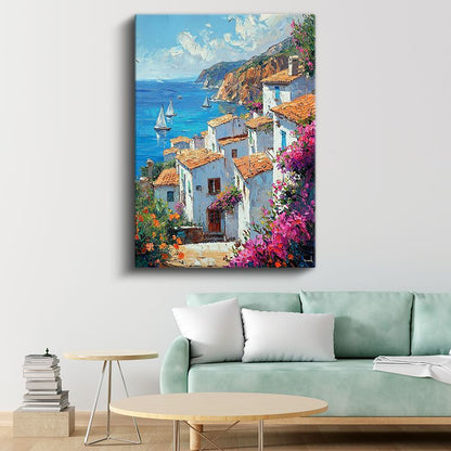 Akdeniz Kasabası - Beyaz Evler ve Çiçekli Sokaklar Kanvas Tablo