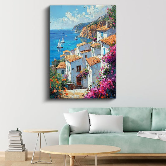 Akdeniz Kasabası - Beyaz Evler ve Çiçekli Sokaklar Kanvas Tablo