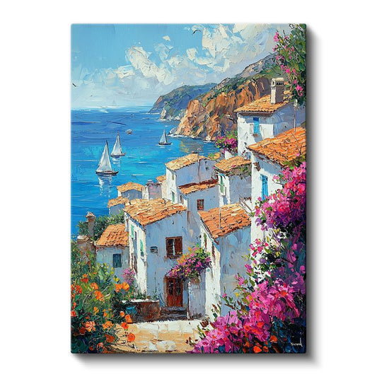 Akdeniz Kasabası - Beyaz Evler ve Çiçekli Sokaklar Kanvas Tablo