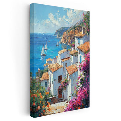 Akdeniz Kasabası - Beyaz Evler ve Çiçekli Sokaklar Kanvas Tablo