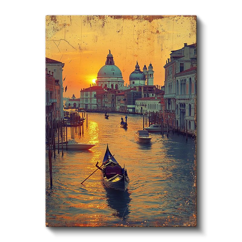Venedik Kanalları - Altın Gün Batımında Gondollar Kanvas Tablo