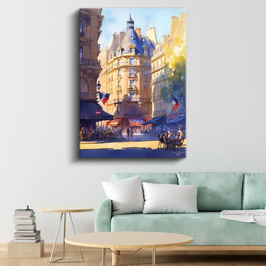 Paris Meydanı - Sulu Boya Fransız Kafeleri Kanvas Tablo
