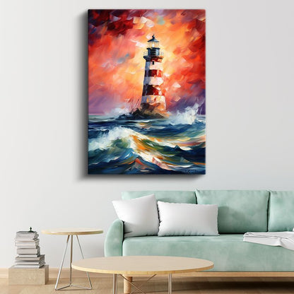 Deniz Feneri - Dalgalı Denizde Kırmızı Beyaz Işık Kanvas Tablo
