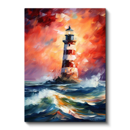 Deniz Feneri - Dalgalı Denizde Kırmızı Beyaz Işık Kanvas Tablo