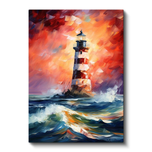 Deniz Feneri - Dalgalı Denizde Kırmızı Beyaz Işık Kanvas Tablo