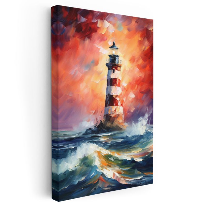 Deniz Feneri - Dalgalı Denizde Kırmızı Beyaz Işık Kanvas Tablo