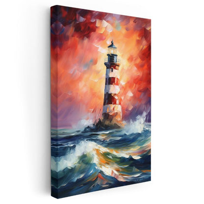 Deniz Feneri - Dalgalı Denizde Kırmızı Beyaz Işık Kanvas Tablo