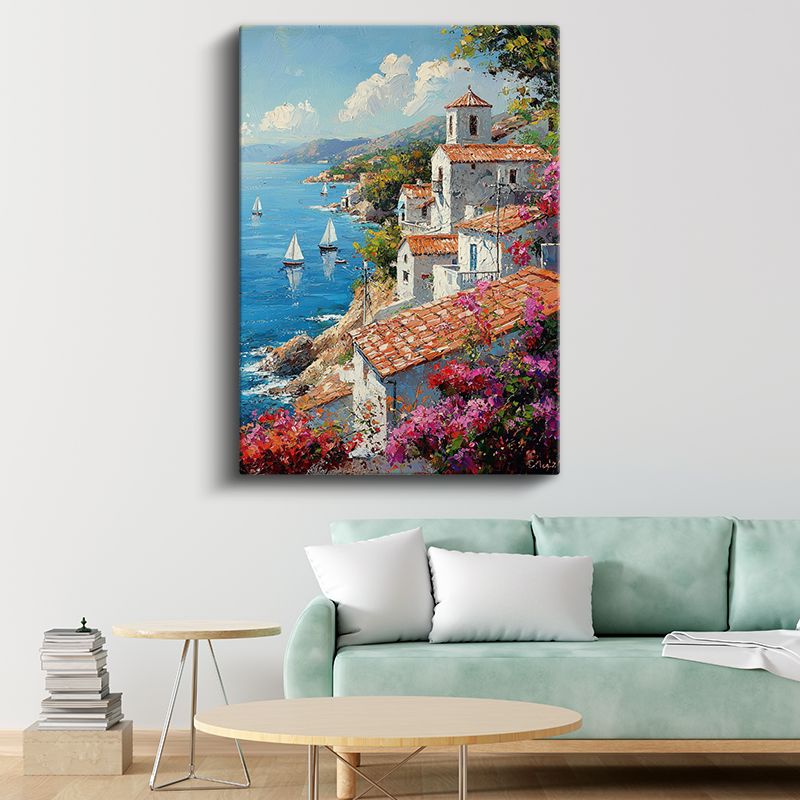 Akdeniz Kıyısı - Beyaz Evler ve Çiçekli Sokaklar Kanvas Tablo