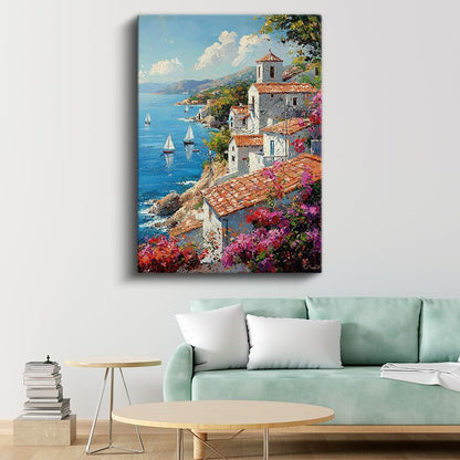 Akdeniz Kıyısı - Beyaz Evler ve Çiçekli Sokaklar Kanvas Tablo