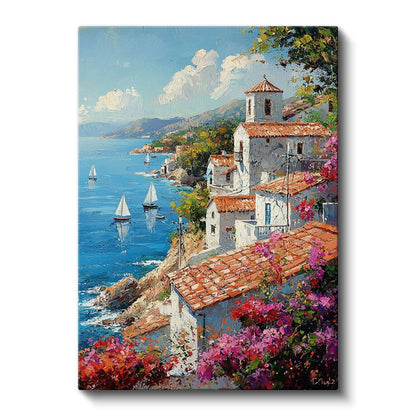 Akdeniz Kıyısı - Beyaz Evler ve Çiçekli Sokaklar Kanvas Tablo