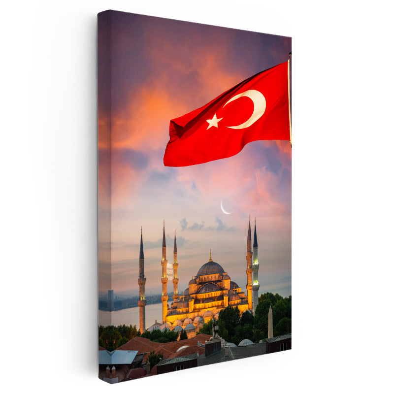 Dikey Kanvas Tablo Dalgalanan Türk Bayrağı ve Cami Şehir Mimari Tablo Ev Ofis Duvar Dekoru