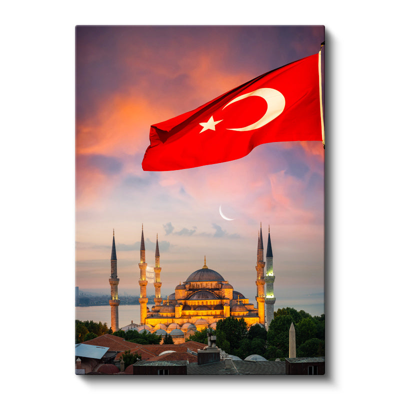 Dikey Kanvas Tablo Dalgalanan Türk Bayrağı ve Cami Şehir Mimari Tablo Ev Ofis Duvar Dekoru