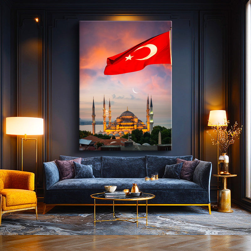 Dikey Kanvas Tablo Dalgalanan Türk Bayrağı ve Cami Şehir Mimari Tablo Ev Ofis Duvar Dekoru