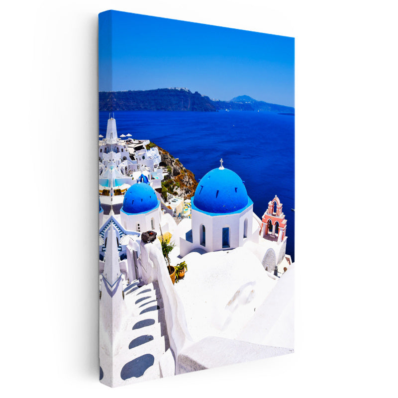 Dikey Kanvas Tablo Santorini Mavi Kubbeli Evler Şehir Mimari Tablo Ev Ofis Duvar Dekoru