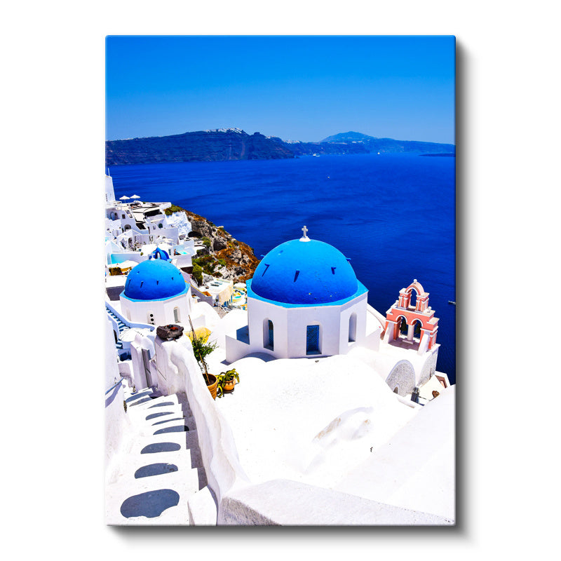 Dikey Kanvas Tablo Santorini Mavi Kubbeli Evler Şehir Mimari Tablo Ev Ofis Duvar Dekoru