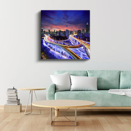 Şehir Kavşakları - Gece Işıklarında Otoyol Manzarası Kanvas Tablo