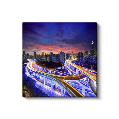 Şehir Kavşakları - Gece Işıklarında Otoyol Manzarası Kanvas Tablo