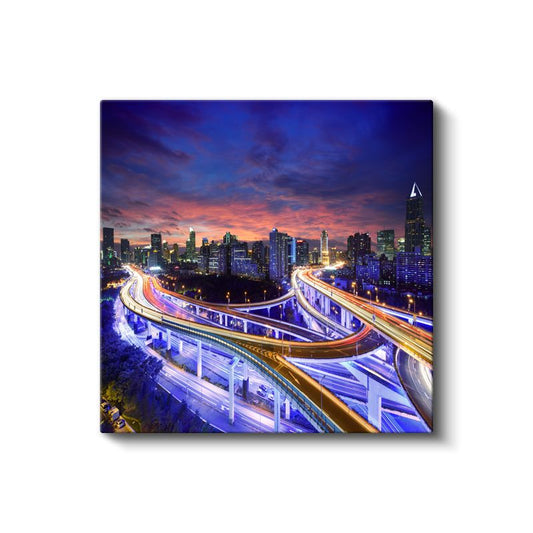 Şehir Kavşakları - Gece Işıklarında Otoyol Manzarası Kanvas Tablo