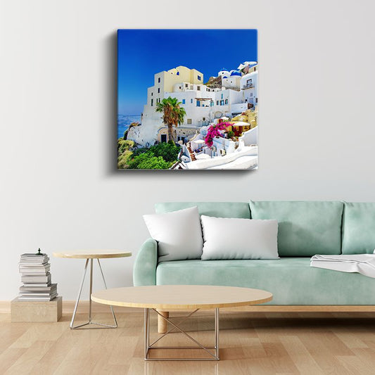 Santorini Evleri - Beyaz ve Mavi Mimarinin Dansı Kanvas Tablo